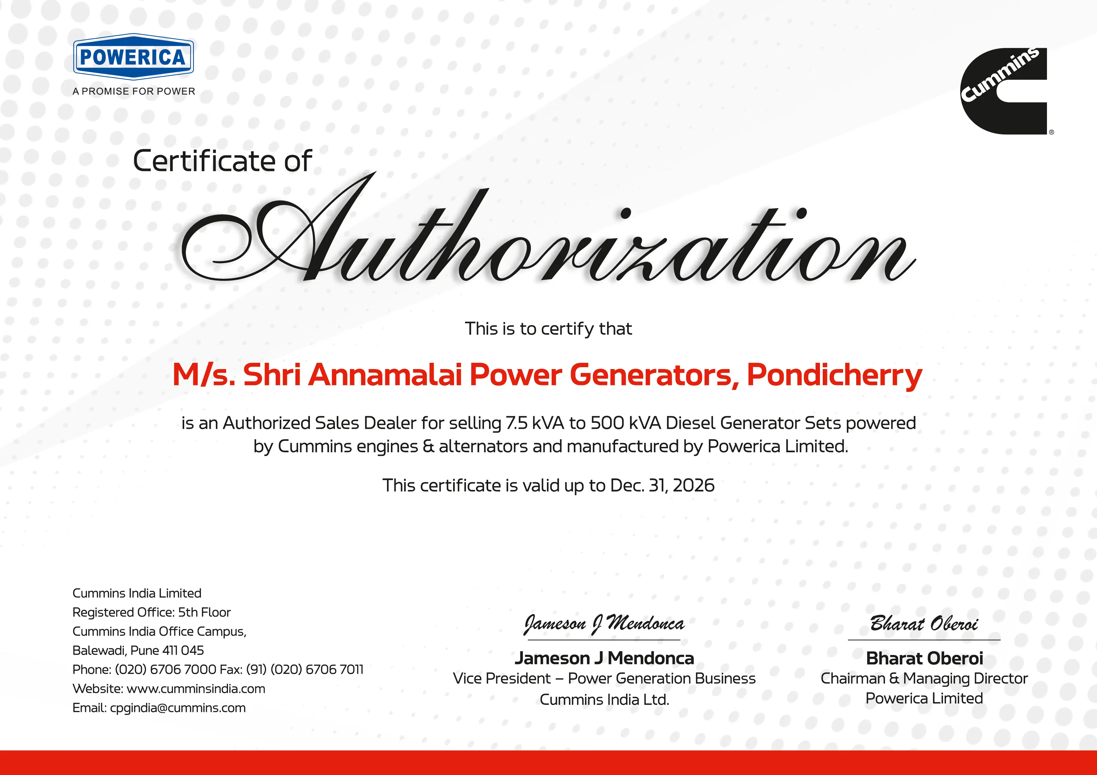 SAPGENE – Shri Annamalai Power Generators Cummins Powerica Authorized Dealer Certificate India